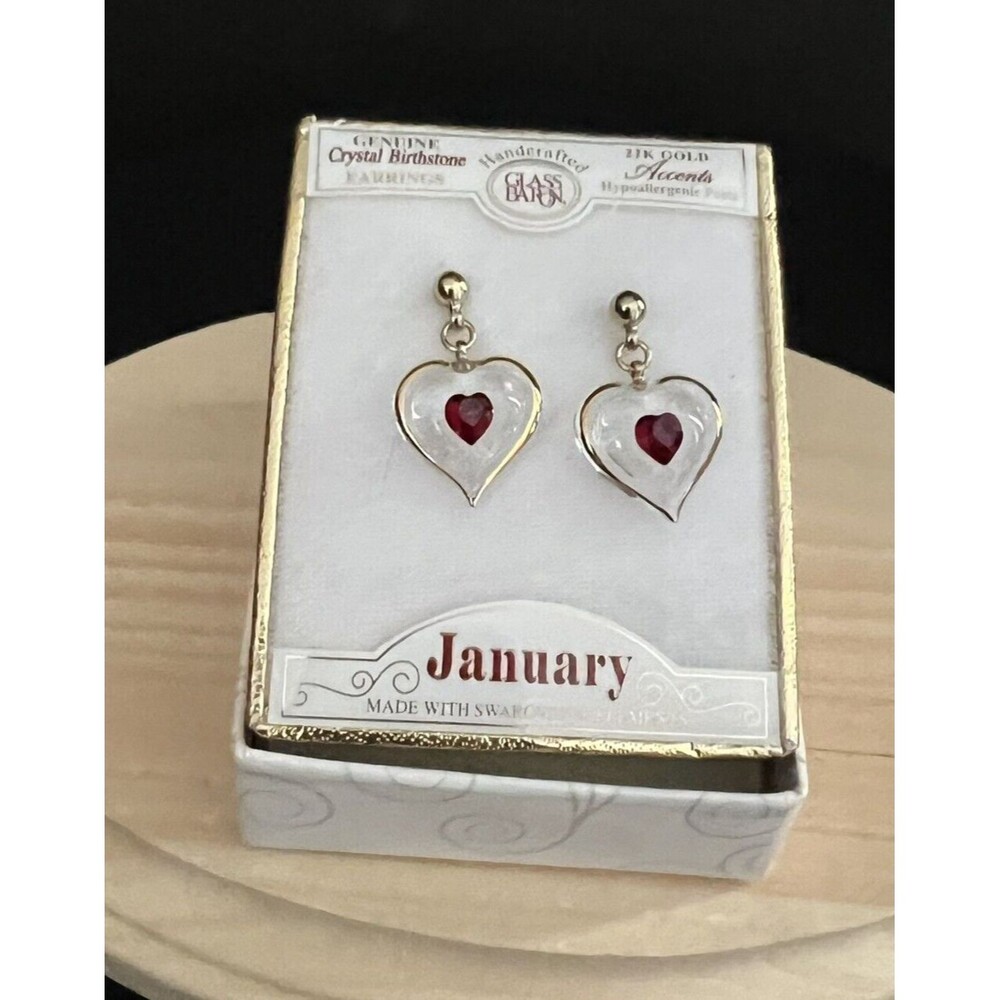 January Birthstone Crystal Heart Swarovski Elements 22K Earrings Glass Baron